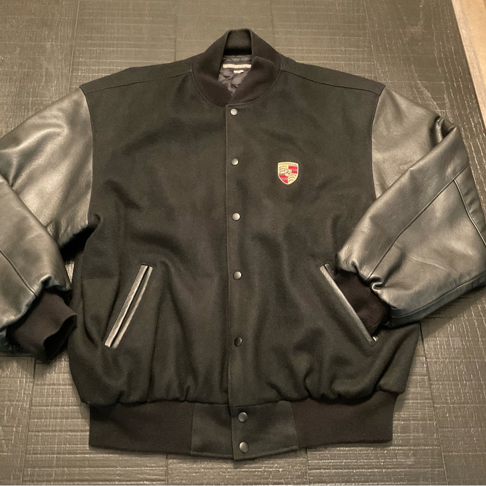 Men’s Authentic Vintage Porsche Brand Black Wool / Leather Varsity Jacket XL VGC